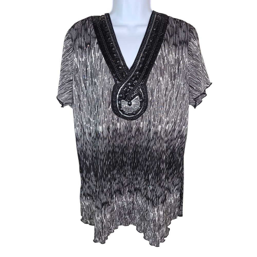 Essentials Maggie Barnes Crinkle Beaded & Sequin Short Sleeve Blouse Top Size 1x